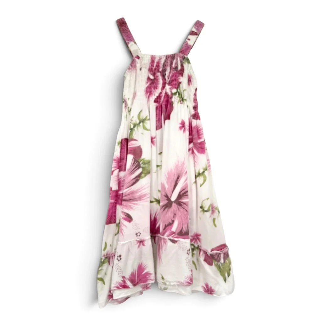 Girls Tropical Floral Smocked Maxi Dress Magenta White Vacation Beach Size 7